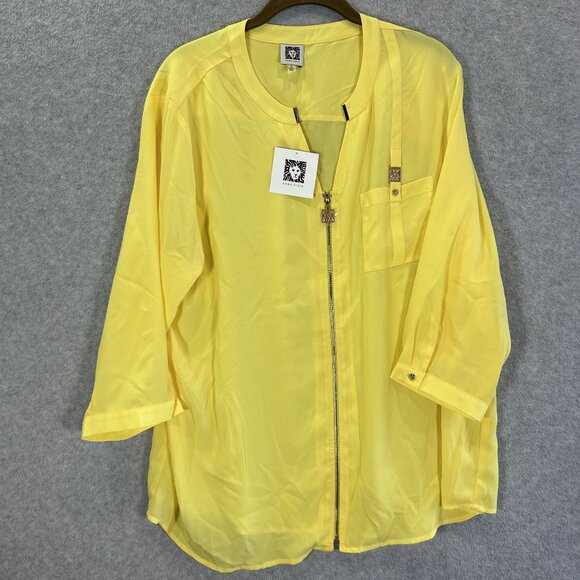 Anne Klein Womens XL Yellow Sheer Zip-Front Blouse NWT 3/4 Sleeve Colorful Beach - Picture 2 of 11